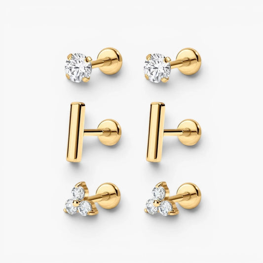 Flat Back Studs Trio Set | Minimalist Earrings for Lobe Piercings 0