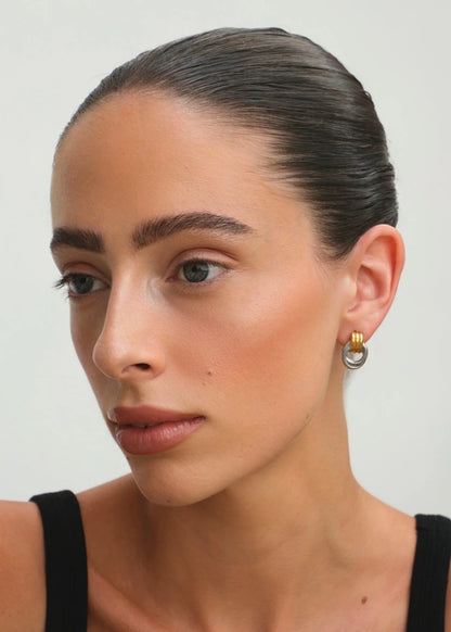 Gold Mini Earrings | Small Ridged Bar and Hanging Ring 5
