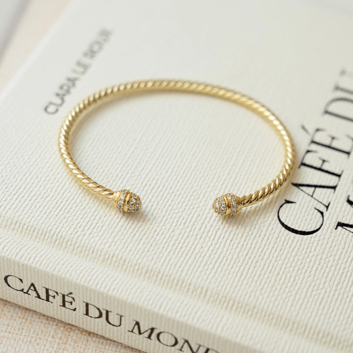 Gold Twisted Cuff Bracelet | Adjustable Bangle with Zirconia 2