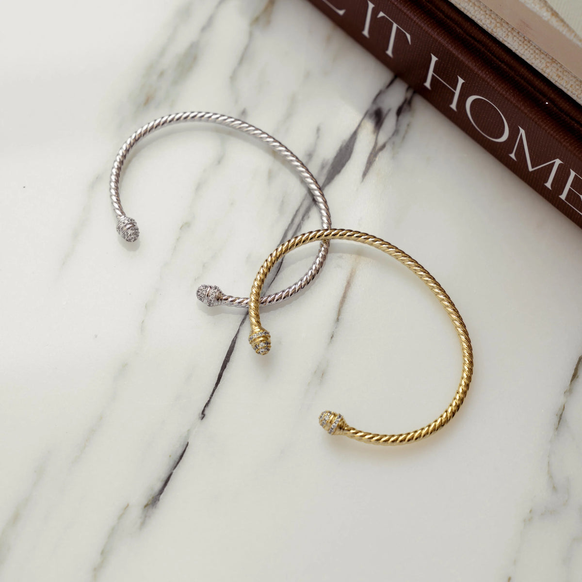 Gold Twisted Cuff Bracelet | Adjustable Bangle with Zirconia 7