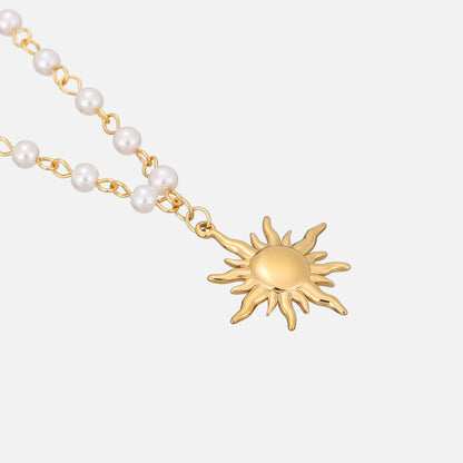 Golden Sun Pendant Necklace with Pearl Strand 1