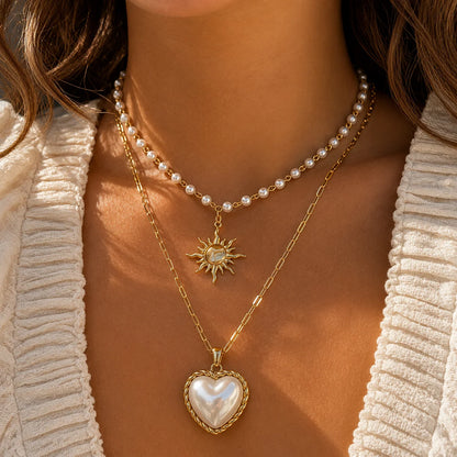 Golden Sun Pendant Necklace with Pearl Strand 2
