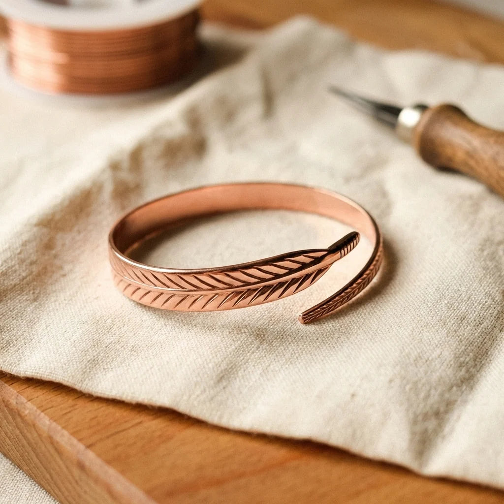 Hand-Engraved Copper Feather Bracelet | Adjustable Size 0