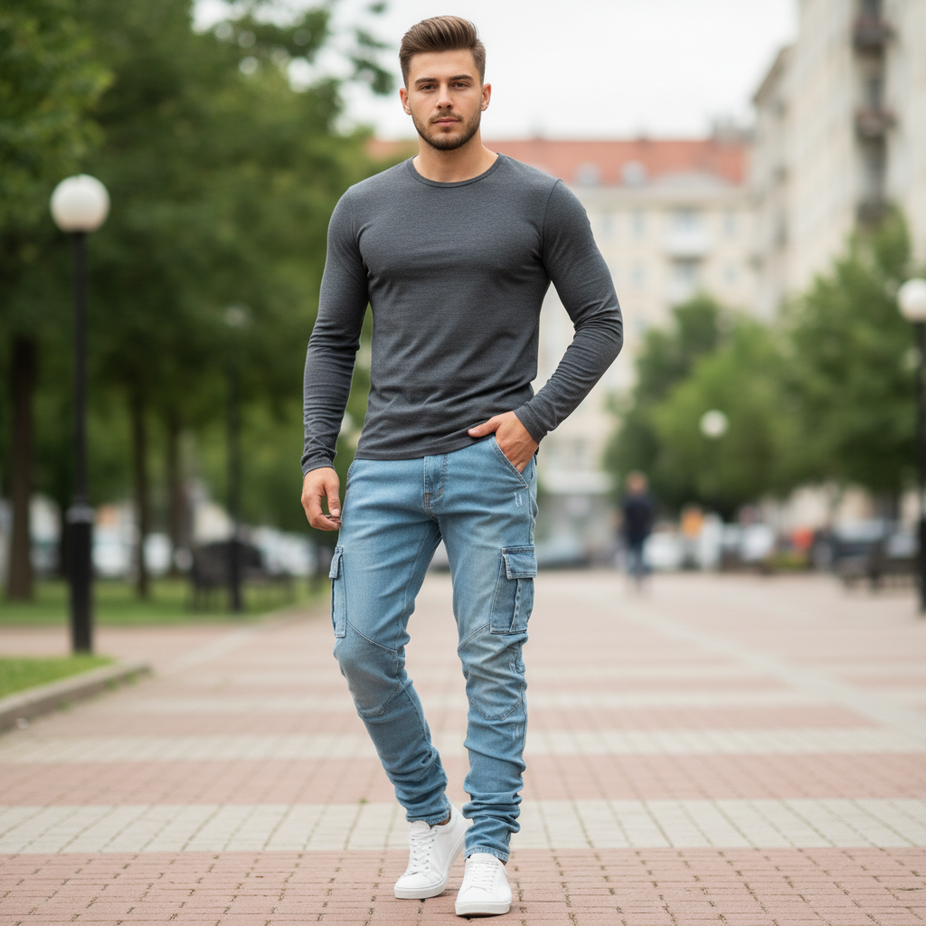 Pantalon Cargo Slim En Denim Stretch | Pantalon Homme