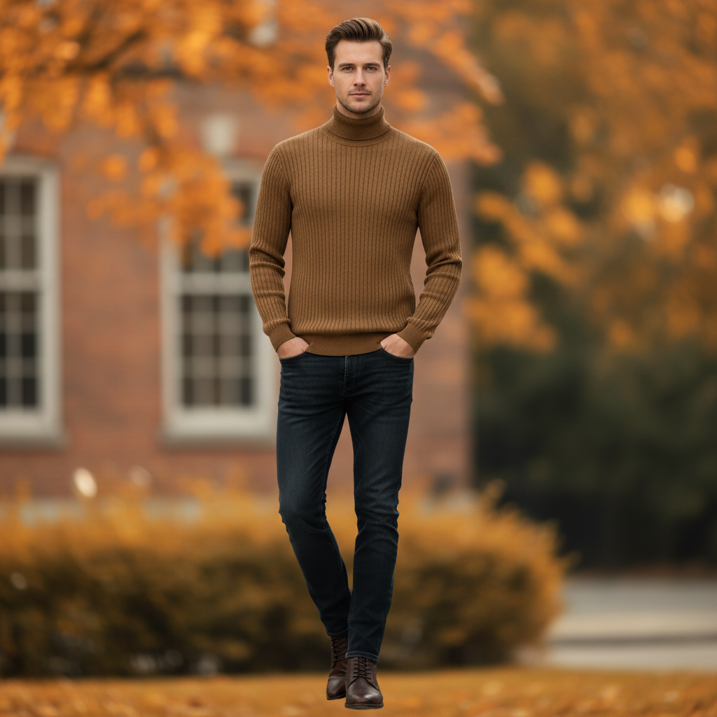 Pull Col Roulé Côtelé Homme | Coupe Slim Automne-Hiver